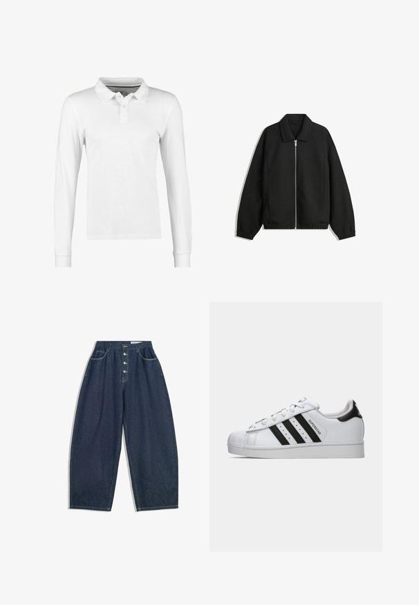 Czarna kurtka z teksturowanej tkaniny, z pełnym zamkiem z przodu, kołnierzem i elastycznymi mankietami, o luźnym kroju i kieszeniach po bokach.; Biała bawełniana koszulka polo z długim rękawem, posiadająca kołnierzyk, zapięcie na trzy guziki oraz jednolitą fakturę bez wzorów czy ozdób.; Granatowe, dżinsowe spodnie w szerokim kroju z wysokim stanem, pięcioma guzikami i pięcioma kieszeniami. Posiadają przeszycia na szwach.; Białe sneakersy Adidas Superstar z czarnymi paskami, noskiem w kształcie muszli i napisem "Superstar" z boku, pokazane w lewym profilu na białym tle.
