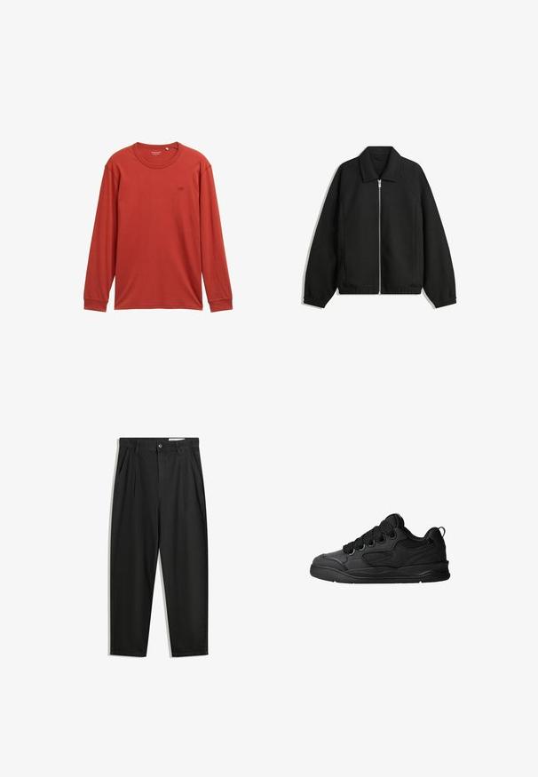 Černá bunda vyrobená z texturované látky, s plným předním zipem, límcem a elastickými manžetami, s volným střihem a bočními kapsami.; Triko s dlouhým rukávem v tlumené červené barvě, vyrobené z měkké tkaniny. Má kulatý výstřih a malé logo na hrudi. Normální střih.; Černé bavlněné kalhoty s uvolněným střihem, klasickým pasem, předními záhyby a bočními kapsami. Hladká textura bez vzorů.; Černé tenisky s texturovaným svrškem, obsahující šněrování, síťované detaily pro prodyšnost, polstrovaný límec a pevnou podrážku.