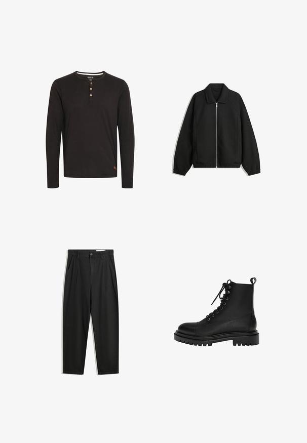 Giacca nera in tessuto texturizzato, con zip frontale a tutta lunghezza, colletto e polsini elasticizzati, dalla vestibilità rilassata e con tasche laterali.; Maglietta nera a maniche lunghe realizzata in tessuto morbido, con scollatura rotonda, pattina con bottoni in legno e piccola etichetta con logo sull'orlo.; Pantaloni in cotone neri con una vestibilità rilassata, dotati di una vita classica, pieghe frontali e tasche laterali. Tessuto liscio senza fantasie.; Stivale alla caviglia in pelle nera con punta arrotondata, chiusura con lacci, occhielli metallici e suola in gomma spessa e testurizzata.