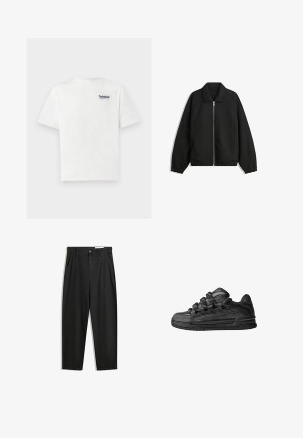 Črna jakna iz teksturirane tkanine, z dvostranskim zadrgo spredaj, ovratnikom in elastičnimi manšeti, sproščenega kroja in stranskimi žepi.; Bela bombažna majica s kratkimi rokavi, ki na zgornjem levem delu prsi nosi modro vezeno besedilo "Timberland Rugged Active Gear". Okrogla ovratnica.; Črne bombažne hlače s sproščenim krojem, ki vključujejo klasičen pas, sprednje gube in stranske žepke. Gladka tekstura brez vzorcev.; Črne superge z gladkim usnjenim zgornjim delom, teksturiranimi detajli in okroglimi črnimi ter belimi vezalkami. Debel gumijast podplat z vzorčastim profilom.