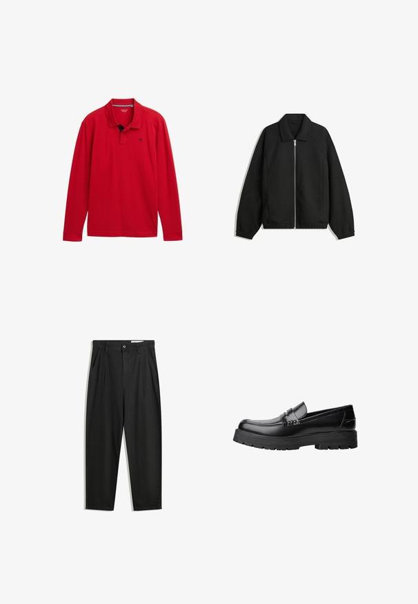 Črna jakna iz teksturirane tkanine, z dvostranskim zadrgo spredaj, ovratnikom in elastičnimi manšeti, sproščenega kroja in stranskimi žepi.; Rdeča majica s dolgimi rokavi in ovratnikom, ki ima mornarsko modre akcentne elemente in majhen logotip na prsih. Narejena iz mehkega bombažnega materiala.; Črne bombažne hlače s sproščenim krojem, ki vključujejo klasičen pas, sprednje gube in stranske žepke. Gladka tekstura brez vzorcev.; Črne usnjene loafersice s debelim profiliranim podplatom in dekorativnim pasom čez zgornji del, prikazane v levem stranskem profilu na beli podlagi.