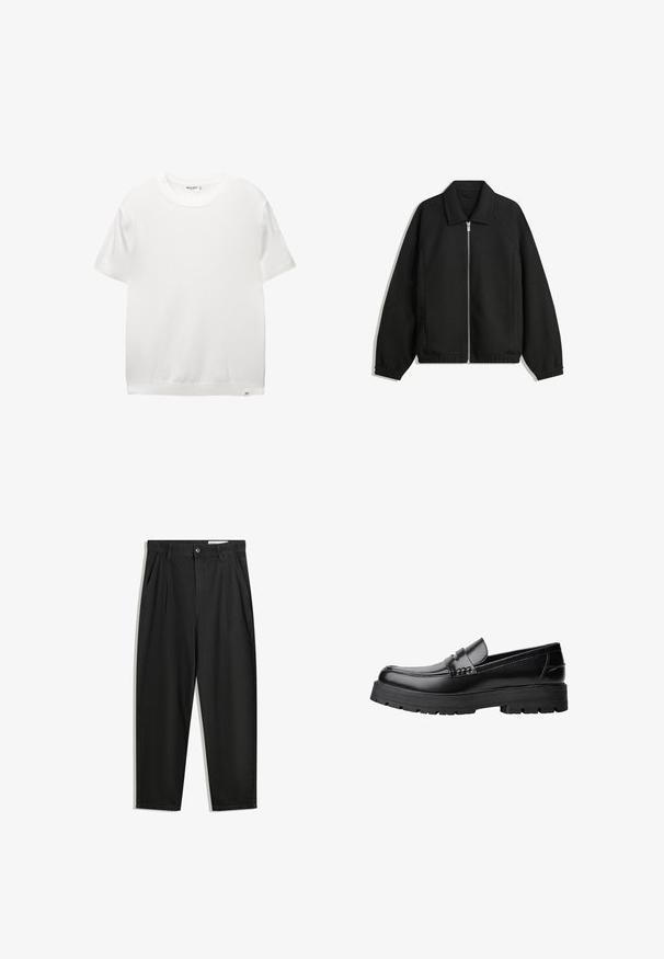 Črna jakna iz teksturirane tkanine, z dvostranskim zadrgo spredaj, ovratnikom in elastičnimi manšeti, sproščenega kroja in stranskimi žepi.; Bela kratka majica s kratkimi rokavi, okroglim izrezom, mehkim materialom, ravnim robom in majhno oznako blagovne znamke na spodnji levi strani.; Črne bombažne hlače s sproščenim krojem, ki vključujejo klasičen pas, sprednje gube in stranske žepke. Gladka tekstura brez vzorcev.; Črne usnjene loafersice s debelim profiliranim podplatom in dekorativnim pasom čez zgornji del, prikazane v levem stranskem profilu na beli podlagi.