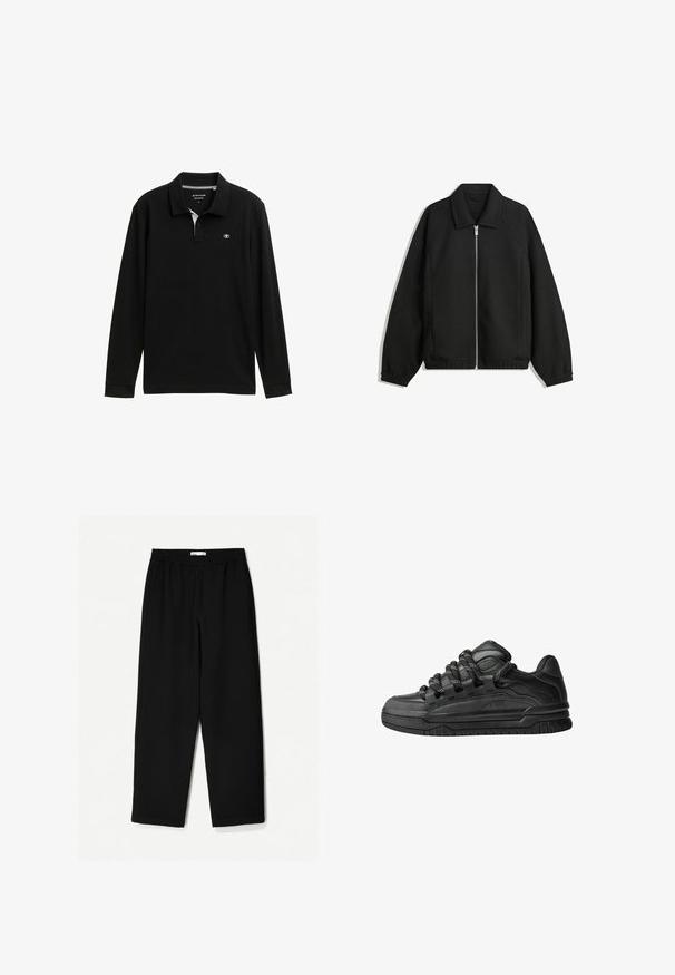 Čierna bunda vyrobená z textúrovaného materiálu, s plným predným zipsom, golierom a elastickými manžetami, so voľnejším strihom a bočnými vreckami.; Čierna polo košeľa s dlhým rukávom a klasickým golierom, so bielym vnútorným golierom a logom na hrudi. Hladká textúra a bežný strih.; Čierne nohavice s širokými nohavicami vyrobené z ľahkej tkaniny. Majú elasticitu v páse a hladký povrch. Bez viditeľných vzorov alebo kovania.; Čierne tenisky s hladkým koženým zvrškom, štruktúrovanými akcentami a okrúhlymi čierno-bielymi šnúrkami. Hrubá gumená podrážka s vzorovaným dezénom.