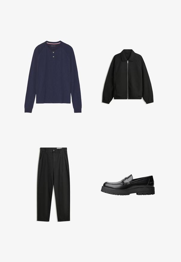 Črna jakna iz teksturirane tkanine, z dvostranskim zadrgo spredaj, ovratnikom in elastičnimi manšeti, sproščenega kroja in stranskimi žepi.; Majica s dolgimi rokavi v mornarsko modri barvi, z okroglim izrezom, zapenjanjem na dve gumba in rebrastimi manšetami. Mehka tekstura, priložnostni dizajn.; Črne bombažne hlače s sproščenim krojem, ki vključujejo klasičen pas, sprednje gube in stranske žepke. Gladka tekstura brez vzorcev.; Črne usnjene loafersice s debelim profiliranim podplatom in dekorativnim pasom čez zgornji del, prikazane v levem stranskem profilu na beli podlagi.