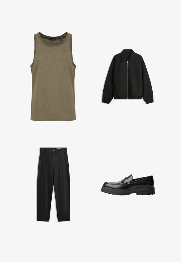 Črna jakna iz teksturirane tkanine, z dvostranskim zadrgo spredaj, ovratnikom in elastičnimi manšeti, sproščenega kroja in stranskimi žepi.; Olivno zelena majica bez rukava iz mehkega, zračnega materiala. Ima okroglo ovratnico in diskretno vezenje logotipa na prsih.; Črne bombažne hlače s sproščenim krojem, ki vključujejo klasičen pas, sprednje gube in stranske žepke. Gladka tekstura brez vzorcev.; Črne usnjene loafersice s debelim profiliranim podplatom in dekorativnim pasom čez zgornji del, prikazane v levem stranskem profilu na beli podlagi.