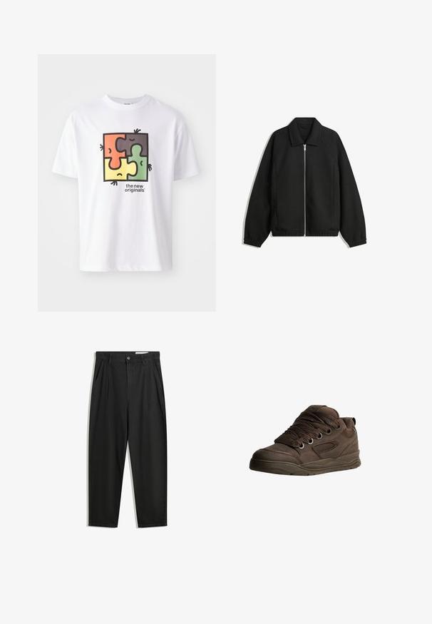 Czarna kurtka z teksturowanej tkaniny, z pełnym zamkiem z przodu, kołnierzem i elastycznymi mankietami, o luźnym kroju i kieszeniach po bokach.; Biała koszulka z nadrukiem w kształcie kwadratowej układanki, zawierająca czerwone, zielone, żółte i czarne elementy. Na t-shircie widnieje napis "the new originals". Wykonana z miękkiej bawełny.; Czarne bawełniane spodnie o luźnym kroju, z klasycznym pasem, przednimi plisy oraz bocznymi kieszeniami. Gładka struktura, bez wzorów.; Brązowe buty sportowe wykonane z gładkiego materiału syntetycznego. Oferują grube sznurówki, siateczkowe akcenty, wyściełany kołnierz oraz teksturowaną gumową podeszwę.