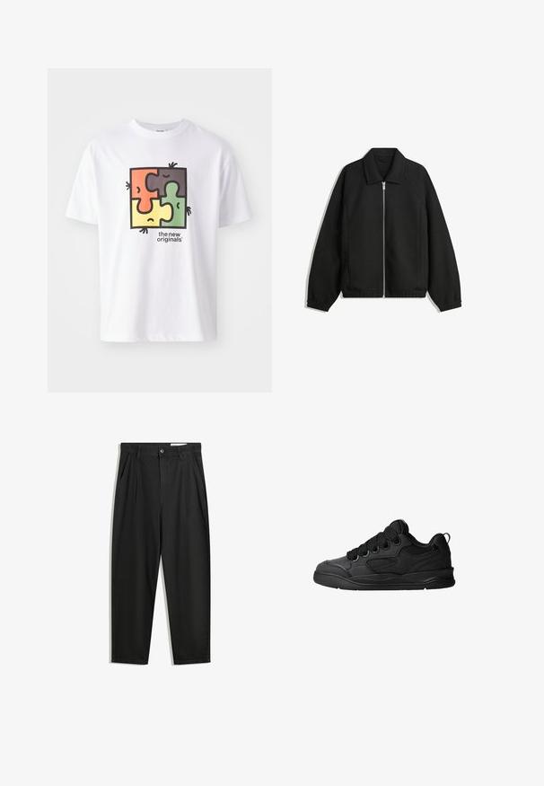 Crna jakna izrađena od teksturirane tkanine, s punim prednjim zatvaračem, ovratnikom i elastičnim manžetama, opuštenog kroja i bočnim džepovima.; Bijela majica s grafikom kvadratne slagalice koja ima crvene, zelene, žute i crne elemente. Natpis glasi "novi originali." Mekani pamuk.; Crne pamučne hlače s opuštenim krojem, s klasičnim pojasom, prednjim nabranjima i bočnim džepovima. Glatka tekstura bez uzoraka.; Crne tenisice s teksturiranim gornjim dijelom, sa vezicama, mrežastim detaljima za prozračnost, podstavljenim ovratnikom i čvrstim potplatima.