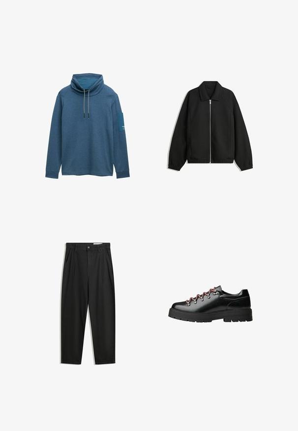 Jachetă neagră dintr-un material texturat, cu fermoar frontal complet, guler și manșete elastice, având o croială lejeră și buzunare laterale.; Pulover albastru, cu mâneci lungi și guler înalt, cu detalii cu șnur și un petic contrastant pe mâneca stângă. Material moale, texturat.; Pantaloni negri din bumbac cu croială lejeră, având un brâu clasic, plii frontale și buzunare laterale. Textură netedă fără modele.; Sădă de drumeție din piele neagră cu șnururi roșii și albe, gauri mari pentru șireturi și o talpă masivă cu model pentru aderență și stabilitate.