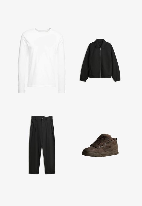 Black jacket made of textured fabric, featuring a full front zip, collar, and elastic cuffs with a relaxed fit and side pockets.; Long-sleeve white t-shirt made of soft cotton. Crew neckline with straight cut hems and no visible patterns or graphics.; Black cotton trousers with a relaxed fit, featuring a classic waistband, front pleats, and side pockets. Smooth texture without patterns.; Brown athletic shoes made of smooth synthetic material. Features thick laces, mesh accents, padded collar, and textured rubber sole.