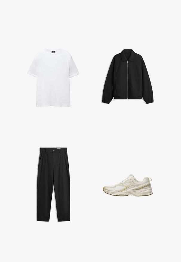 Sort jakke lavet af struktureret stof, med fuld frontlynlås, krave og elastiske mansjetter, i en afslappet pasform og sidelommer.; Hvid bomulds T-shirt med korte ærmer, rund halsudskæring og en afslappet pasform. Glat tekstur uden mønstre eller udsmykninger.; Sorte bomuldsbukser med en afslappet pasform, der har en klassisk talje, frontfolder og sidelommer. Glat tekstur uden mønstre.; Hvide atletik-sko lavet af mesh og syntetisk materiale, med en rund tå, polstret sål og beige accenter på siderne.