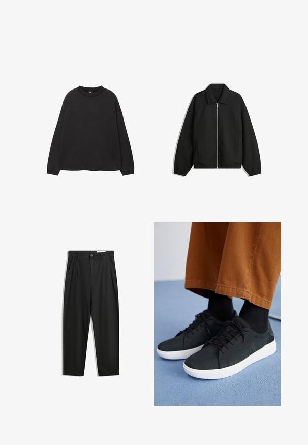 Schwarze Jacke aus strukturiertem Stoff, mit vollem Reißverschluss auf der Vorderseite, Kragen und elastischen Manschetten, im entspannten Schnitt und mit seitlichen Taschen.; Schwarzes Langarmshirt aus weichem Baumwollmaterial. Mit rundem Halsausschnitt, überschnittenen Schultern sowie gerippten Ärmelbündchen und Saum. Sanfte Textur.; Schwarze Baumwollhose mit lockerem Schnitt, ausgestattet mit einem klassischen Bund, vorderen Falten und Seiten taschen. Glatte Textur ohne Muster.; Schwarze Wildleder-Sneaker mit weißen Gummisohlen, mit Schnürdesign, strukturierten Akzenten und dezentem Branding, kombiniert mit braunen Hosen.