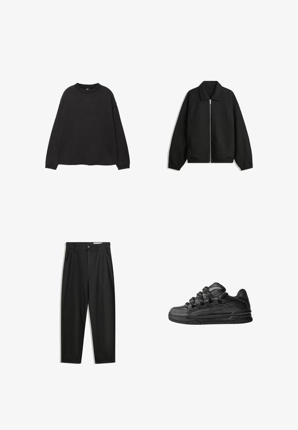 Černá bunda vyrobená z texturované látky, s plným předním zipem, límcem a elastickými manžetami, s volným střihem a bočními kapsami.; Černá mikina s dlouhými rukávy vyrobená z jemné bavlny. Má kulatý výstřih, spadlé ramena a žebrované manžety a lem. Hladký povrch.; Černé bavlněné kalhoty s uvolněným střihem, klasickým pasem, předními záhyby a bočními kapsami. Hladká textura bez vzorů.; Černé tenisky s hladkým koženým svrškem, texturovanými akcenty a kulatými černobílými tkaničkami. Silná gumová podrážka s vzorovaným dezénem.