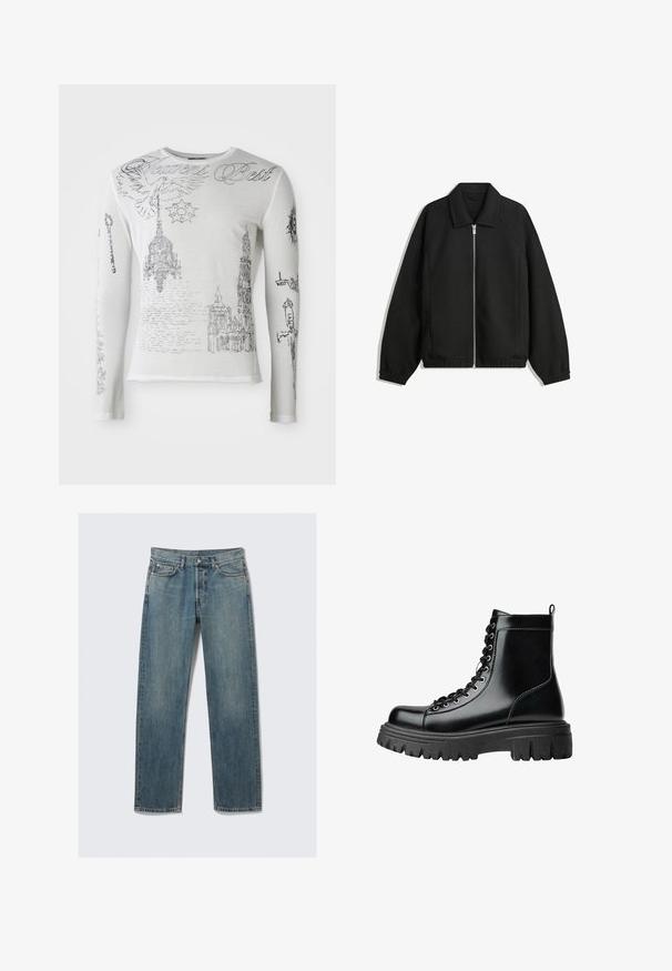 Črna jakna iz teksturirane tkanine, z dvostranskim zadrgo spredaj, ovratnikom in elastičnimi manšeti, sproščenega kroja in stranskimi žepi.; Bela dolga majica s črnimi skicami gotske arhitekture, lestenco, golobom, svečami, mečem in pisano napisano besedilo "Heavens Best".; Modre kavbojke ravnega kroja z sprednjimi in žepom za kovance, zanke za pas ter kovinskim gumbom za zapiranje na enobarvnem ozadju.; Črni usnjeni gležnjarji z robustnim podplatom, okroglo kapico in sprednjim vezanjem. Imajo zanko na zadnji strani in gladek zaključek.