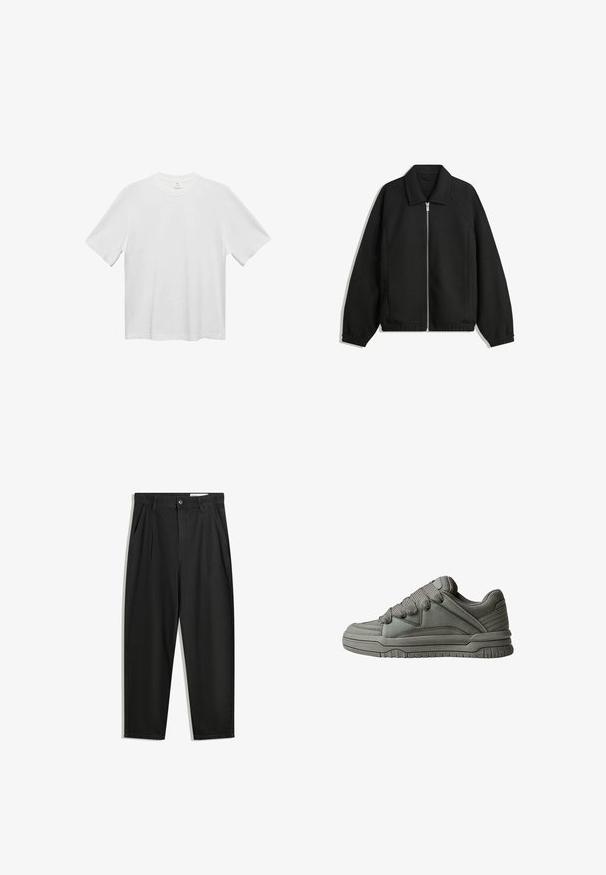 Black jacket made of textured fabric, featuring a full front zip, collar, and elastic cuffs with a relaxed fit and side pockets.; White cotton t-shirt with a crew neck, short sleeves, and a relaxed fit. Smooth texture, no patterns or accents. Simple, classic design.; Black cotton trousers with a relaxed fit, featuring a classic waistband, front pleats, and side pockets. Smooth texture without patterns.; Gray athletic shoe with textured leather and mesh upper, thick rubber sole, and prominent padded tongue and sides. Laces and side accents included.