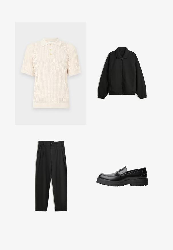 Sort jakke lavet af struktureret stof, med fuld frontlynlås, krave og elastiske mansjetter, i en afslappet pasform og sidelommer.; Kortærmet polo-shirt i lys creme med et struktureret strikkemønster, ribkantet krave og knapåbning med fire knapper.; Sorte bomuldsbukser med en afslappet pasform, der har en klassisk talje, frontfolder og sidelommer. Glat tekstur uden mønstre.; Sort læderloafer med kraftig sål og dekorativ rem henover, vist i venstre sideprofil på hvid baggrund.