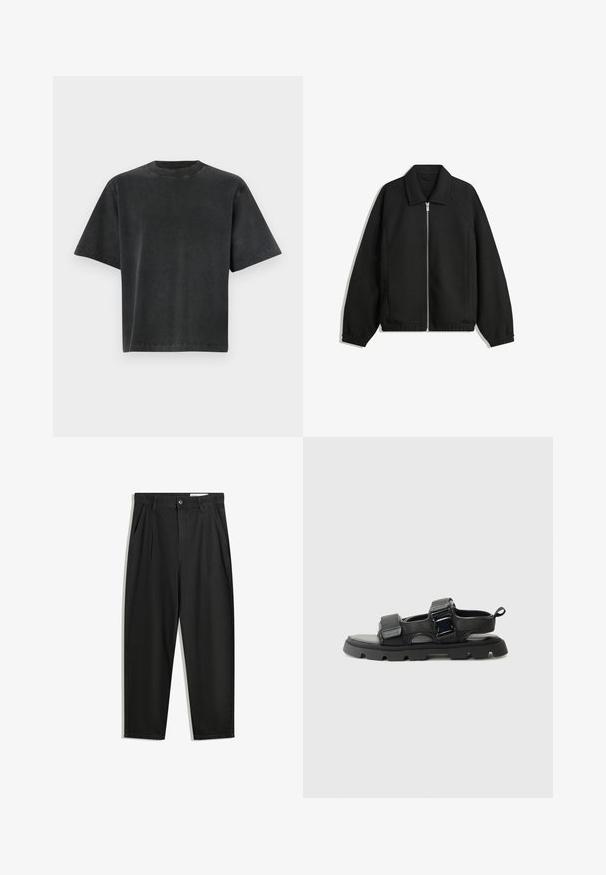 Jachetă neagră dintr-un material texturat, cu fermoar frontal complet, guler și manșete elastice, având o croială lejeră și buzunare laterale.; Tricou negru oversized cu mânecă scurtă, fabricat din bumbac. Are guler rotund și cusături la margine; textură netedă și croială lejeră, confortabilă.; Pantaloni negri din bumbac cu croială lejeră, având un brâu clasic, plii frontale și buzunare laterale. Textură netedă fără modele.; Sandale negre cu un superior din material texturat, bretele late, accente din metal cu cataramă și o talpă groasă din cauciuc cu un model de prindere.