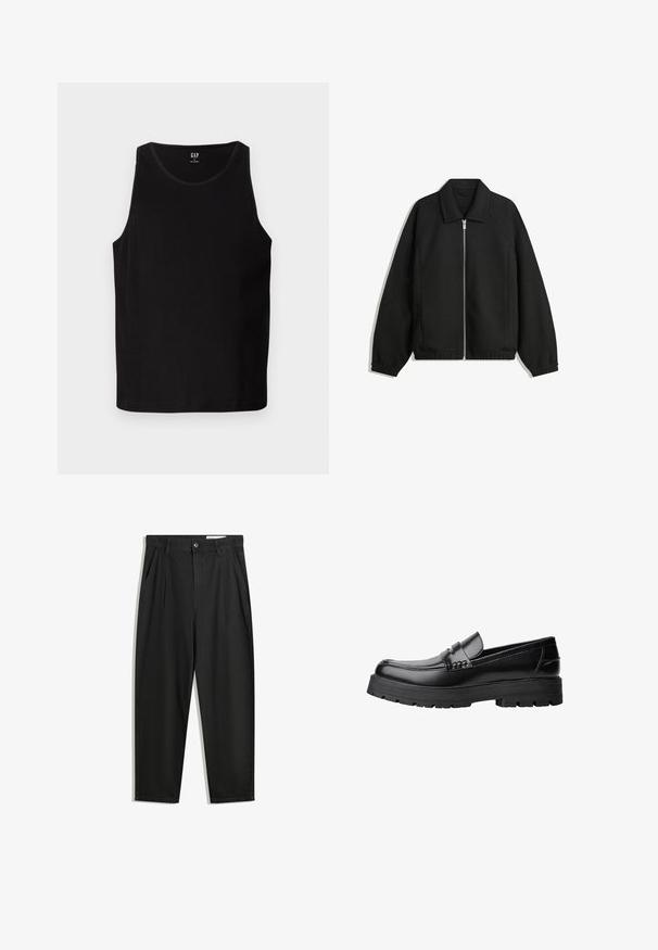 Giacca nera in tessuto texturizzato, con zip frontale a tutta lunghezza, colletto e polsini elasticizzati, dalla vestibilità rilassata e con tasche laterali.; Top estivo nero a costine con ampie aperture per le braccia e scollatura arrotondata. Presenta una texture di tessuto liscia e un logo discreto sul davanti.; Pantaloni in cotone neri con una vestibilità rilassata, dotati di una vita classica, pieghe frontali e tasche laterali. Tessuto liscio senza fantasie.; Mocassino in pelle nera con suola spessa e tassellata e fascia decorativa sulla parte superiore, mostrato in profilo sinistro su sfondo bianco.