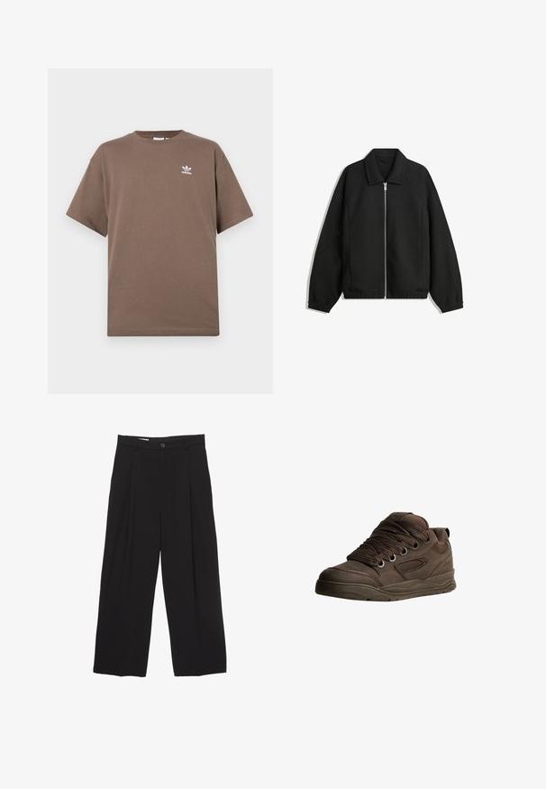 Črna jakna iz teksturirane tkanine, z dvostranskim zadrgo spredaj, ovratnikom in elastičnimi manšeti, sproščenega kroja in stranskimi žepi.; Rjava bombažna majica s kratkimi rokavi, okroglim izrezom in majhnim belim logotipom Adidas, natisnjenim na prsih.; Črne široke hlače iz gladkega blaga, z ravnim pasom, sprednjimi povešalnimi pregibi in enim gumbom za zapiranje.; Rjave športne čevlje, izdelane iz gladkega sintetičnega materiala. Imajo debele vezalke, mrežaste dodatke, podložen ovratnik in strukturo gumijastega podplata.