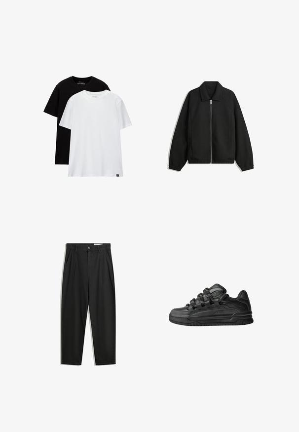 Černá bunda vyrobená z texturované látky, s plným předním zipem, límcem a elastickými manžetami, s volným střihem a bočními kapsami.; Dvě trička s regular fit, jedno černé a jedno bílé, vyrobené z bavlny. Každé má kulatý výstřih a krátké rukávy. Jednoduchý design, bez vzorů.; Černé bavlněné kalhoty s uvolněným střihem, klasickým pasem, předními záhyby a bočními kapsami. Hladká textura bez vzorů.; Černé tenisky s hladkým koženým svrškem, texturovanými akcenty a kulatými černobílými tkaničkami. Silná gumová podrážka s vzorovaným dezénem.