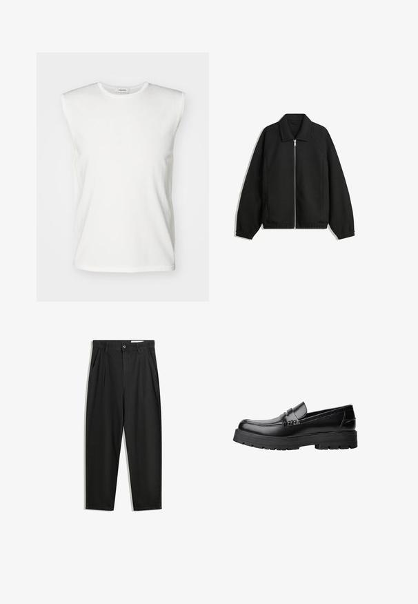 Fekete kabát texturált anyagból, teljes elöl cipzárral, gallérral és rugalmas mandzsettákkal, laza szabással és oldalsó zsebekkel.; sandro PABLO TANK - Felső - ecru; Fekete pamut nadrág laza szabással, klasszikus derékrésszel, elülső hajtásokkal és oldalsó zsebekkel. Simább textúra minta nélkül.; Fekete bőr loaferek vastag, bordázott talppal és díszcsíkkal az upper rész felett, bal oldali profilmódban, fehér háttér előtt.