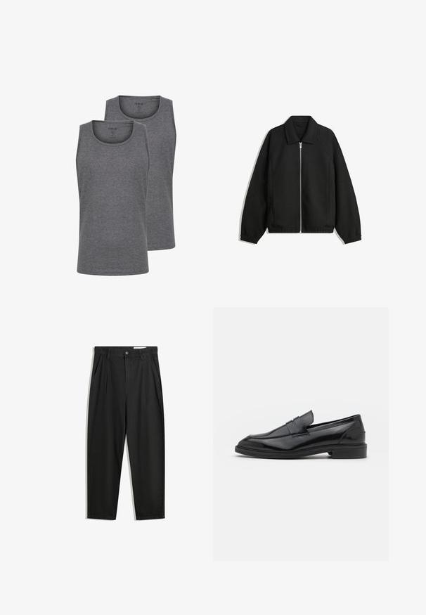 Črna jakna iz teksturirane tkanine, z dvostranskim zadrgo spredaj, ovratnikom in elastičnimi manšeti, sproščenega kroja in stranskimi žepi.; Dve sive majice brez rokavov iz mešanice mehkega bombaža. Imajo krožni izrez in brezrokavni dizajn. Gladka tekstura in redna prileganja.; Črne bombažne hlače s sproščenim krojem, ki vključujejo klasičen pas, sprednje gube in stranske žepke. Gladka tekstura brez vzorcev.; Črne usnjene loafersice z gladko površino, s zaobljenim prstom in ozkim pasom čez zgornji del. Nizek zložen petek.