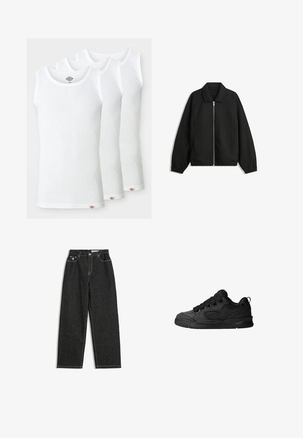 Črna jakna iz teksturirane tkanine, z dvostranskim zadrgo spredaj, ovratnikom in elastičnimi manšeti, sproščenega kroja in stranskimi žepi.; Tri bele majice brez rokavov iz rebrastega bombaža. Vsaka ima okroglo izrez in majhno oznako na robu. Klasičen, preprost dizajn.; Črne ravne hlače iz jeansa z belim šivanjem, zasnova s petimi žepi, zapiranje na gumb in zadrgo, ter majhna logotip na sprednjem desnem žepu.; Črne superge z teksturiranim zgornjim delom, opremljene z vezalkami, mrežastimi dodatki za zračnost, oblazinjenim ovratnikom in trdnim podplatom.