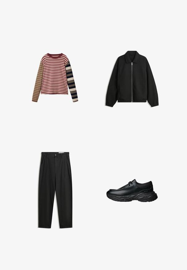Zwarte jas van textuurstof, met een volledige rits aan de voorkant, een kraag, elastische manchetten, een ontspannen pasvorm en zijzakken.; Langsleeve gestreepte top met afwisselend kastanjebruine, beige en donkerblauwe strepen van verschillende breedtes; ronde halslijn, zachte textuur.; Zwarte katoenen broeken met een losse pasvorm, voorzien van een klassieke tailleband, voorplooien en zijzakken. Gladde structuur zonder patronen.; Zwarte leren instapschoenen met een ronde neus en een dikke, gestructureerde rubberen zool. Bevat subtiele stiksels en elastische accenten bij de kraag.
