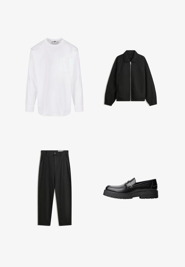 Sort jakke lavet af struktureret stof, med fuld frontlynlås, krave og elastiske mansjetter, i en afslappet pasform og sidelommer.; Urban Classics HEAVY OVERSIZED - Langærmet T-shirt - white; Sorte bomuldsbukser med en afslappet pasform, der har en klassisk talje, frontfolder og sidelommer. Glat tekstur uden mønstre.; Sort læderloafer med kraftig sål og dekorativ rem henover, vist i venstre sideprofil på hvid baggrund.