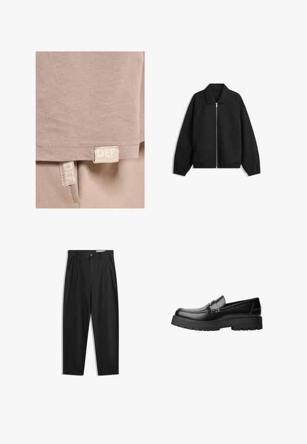 Fekete kabát texturált anyagból, teljes elöl cipzárral, gallérral és rugalmas mandzsettákkal, laza szabással és oldalsó zsebekkel.; Beige pamut póló, puha textúrával, egyenes aljjal és alul két látható címkével, amelyeken "DEF." felirat található.; Fekete pamut nadrág laza szabással, klasszikus derékrésszel, elülső hajtásokkal és oldalsó zsebekkel. Simább textúra minta nélkül.; Fekete bőr loaferek vastag, bordázott talppal és díszcsíkkal az upper rész felett, bal oldali profilmódban, fehér háttér előtt.