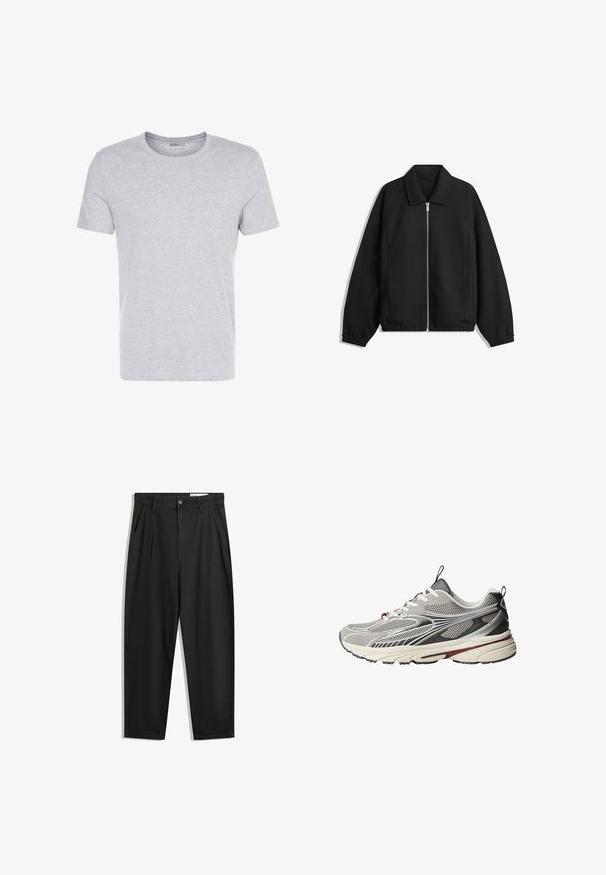 Zwarte jas van textuurstof, met een volledige rits aan de voorkant, een kraag, elastische manchetten, een ontspannen pasvorm en zijzakken.; Grijze katoenen t-shirt met een ronde hals, korte mouwen en een eenvoudige uitstraling, met een zachte, gladde textuur en zonder zichtbare patronen of versieringen.; Zwarte katoenen broeken met een losse pasvorm, voorzien van een klassieke tailleband, voorplooien en zijzakken. Gladde structuur zonder patronen.; Grijze sportschoen met bovenwerk van mesh en leer, gestructureerde oppervlakken, contrasterende zwarte en bordeauxrode accenten, en een gevoerde zool.