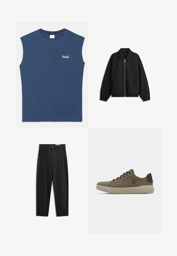 Jachetă neagră dintr-un material texturat, cu fermoar frontal complet, guler și manșete elastice, având o croială lejeră și buzunare laterale.; Cămașă din bumbac fără mâneci, de culoare albastră, cu guler rotund. Are un mic logo alb "Ksubi" pe piept. Textură netedă, croială casual.; Pantaloni negri din bumbac cu croială lejeră, având un brâu clasic, plii frontale și buzunare laterale. Textură netedă fără modele.; Sneakers maro din piele cu profil jos, talpă din cauciuc și accente verzi; prezintă logo pe lateral și panouri texturate pentru aderență.