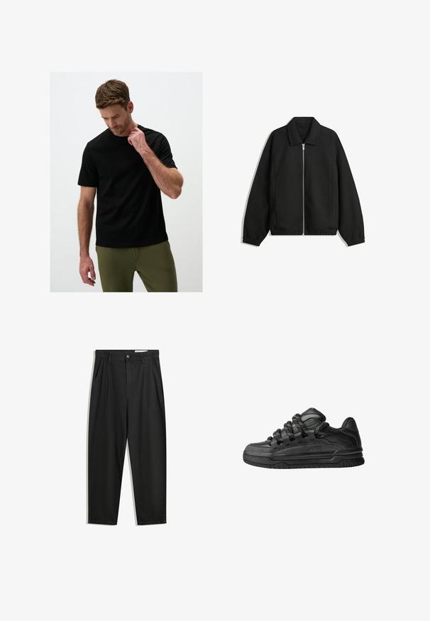 Czarna kurtka z teksturowanej tkaniny, z pełnym zamkiem z przodu, kołnierzem i elastycznymi mankietami, o luźnym kroju i kieszeniach po bokach.; Czarna koszulka z krótkim rękawem wykonana z gładkiego, lekkiego materiału. Klasyczny okrągły dekolt, dopasowany krój, w zestawie z zielonymi spodniami.; Czarne bawełniane spodnie o luźnym kroju, z klasycznym pasem, przednimi plisy oraz bocznymi kieszeniami. Gładka struktura, bez wzorów.; Czarne sneakersy z gładką skórzaną cholewką, teksturowanymi akcentami i okrągłymi czarno-białymi sznurowadłami. Gruba gumowa podeszwa z wzorzystym bieżnikiem.
