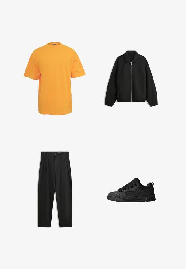 Čierna bunda vyrobená z textúrovaného materiálu, s plným predným zipsom, golierom a elastickými manžetami, so voľnejším strihom a bočnými vreckami.; Oranžové bavlnené tričko s okrúhlym výstrihom, krátkymi rukávmi a voľným strihom. Bez vzorov alebo akcentov. Hladká textúra.; Čierne bavlnené nohavice s voľným strihom, s klasickým pásom, prednými záhybmi a bočnými vreckami. Hladká textúra bez vzorov.; Čierne tenisky s textúrovaným zvrškom, s šnúrkami, sieťovinovými akcentmi pre priedušnosť, polstrovaným golierom a pevnou podošvou.