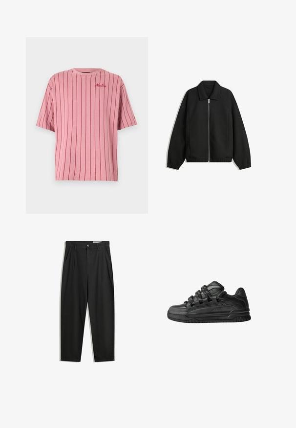 Musta takki, joka on valmistettu teksturoidusta kankaasta ja jossa on koko etuvetoketju, kaulus ja joustavat hihansuut. Takissa on rento istuvuus ja sivutaskut.; Vaaleanpunainen raidallinen puuvillapaita, jossa on lyhyet hihat, pyöreä pääntie ja tummemmalla vaaleanpunaisella brodeerattu teksti.; Mustat puuvillahousut rentoa mallia, joissa on klassinen vyötärö, etukangastukset ja sivutaskut. Sileä pinta ilman kuvioita.; Mustat tennarit, joissa on sileä nahkapinta, teksturoituja yksityiskohtia ja pyöreät musta-valkoiset nauhat. Paksu kumipohja, jossa on kuvioitu pinta.