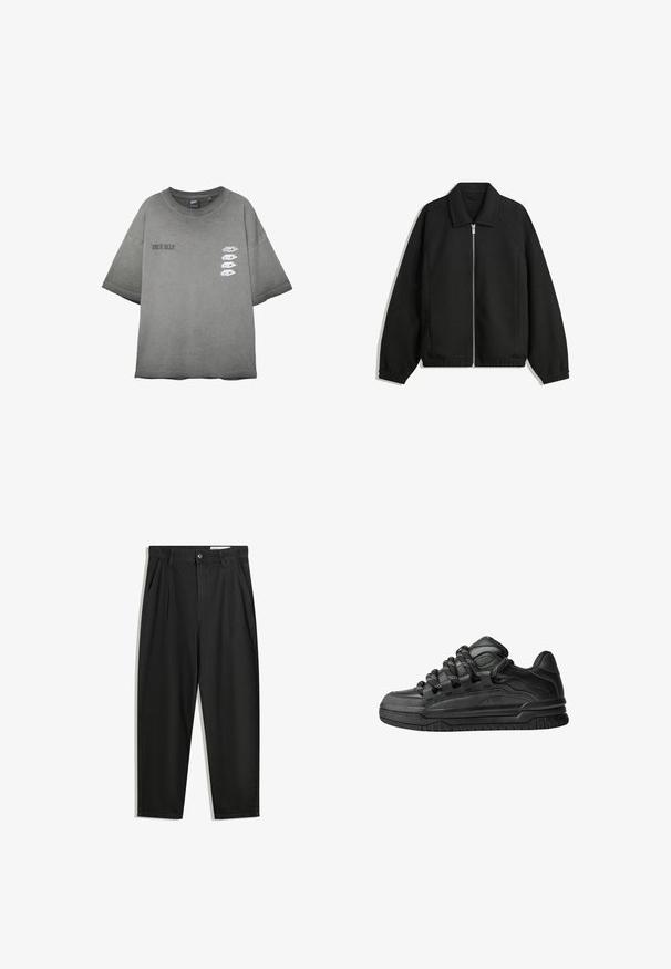 Zwarte jas van textuurstof, met een volledige rits aan de voorkant, een kraag, elastische manchetten, een ontspannen pasvorm en zijzakken.; Grijze oversized T-shirt met de tekst "TRUE SELF" op de linkerborst en vier witte ooggraphics in een verticale lijn op de rechterborst.; Zwarte katoenen broeken met een losse pasvorm, voorzien van een klassieke tailleband, voorplooien en zijzakken. Gladde structuur zonder patronen.; Zwarte sneakers met een glad leren bovenwerk, gearceerde accenten en ronde zwart-witte veters. Dikke rubberen zool met een geprofileerd loopvlak.