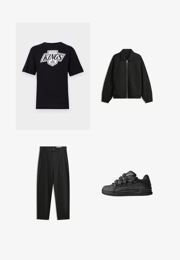 Sort jakke lavet af struktureret stof, med fuld frontlynlås, krave og elastiske mansjetter, i en afslappet pasform og sidelommer.; Sort bomulds T-shirt med korte ærmer, der pryder "Los Angeles KINGS" logo i hvid og grå på forsiden, med et cirkulært krone-grafik under teksten.; Sorte bomuldsbukser med en afslappet pasform, der har en klassisk talje, frontfolder og sidelommer. Glat tekstur uden mønstre.; Sorte sneakers med en glat læderoverdel, teksturerede accenter og runde sorte og hvide snørebånd. Tyk gummisål med et mønstret slidbanemønster.