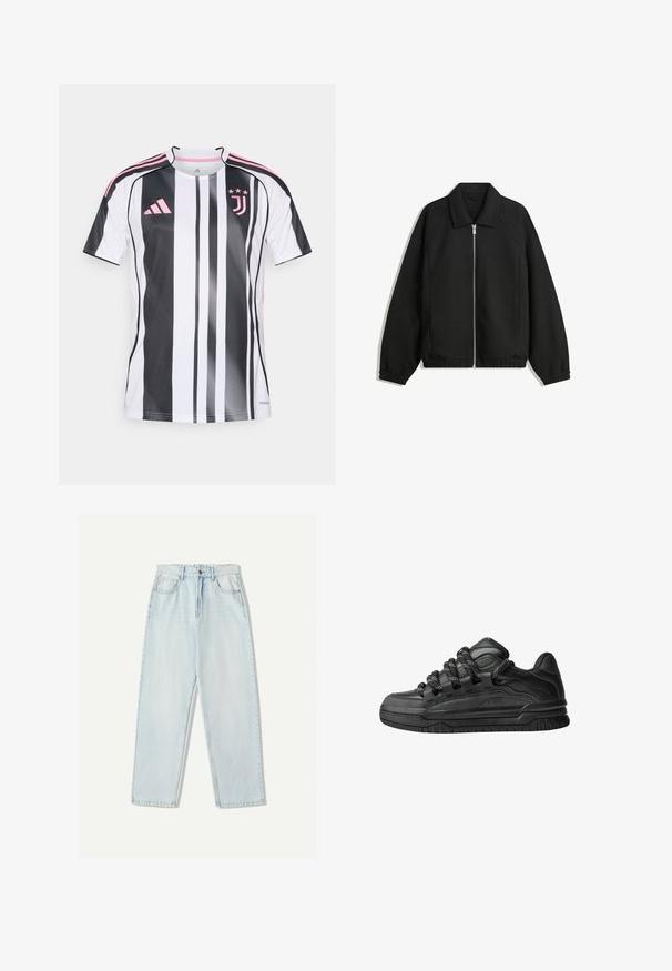 Črna jakna iz teksturirane tkanine, z dvostranskim zadrgo spredaj, ovratnikom in elastičnimi manšeti, sproščenega kroja in stranskimi žepi.; Fudbalska majica Juventusa s vertikalnim crno-belim prugama, ružičasti naglasci na rukavima i logotipu, izrađena od laganog, prozračnog materijala.; Svjetloplave traperice s ležernim krojem, ravnim nogavicama, dizajnom s pet džepova i suptilnim izblijedjenjem na tkanini.; Črne superge z gladkim usnjenim zgornjim delom, teksturiranimi detajli in okroglimi črnimi ter belimi vezalkami. Debel gumijast podplat z vzorčastim profilom.