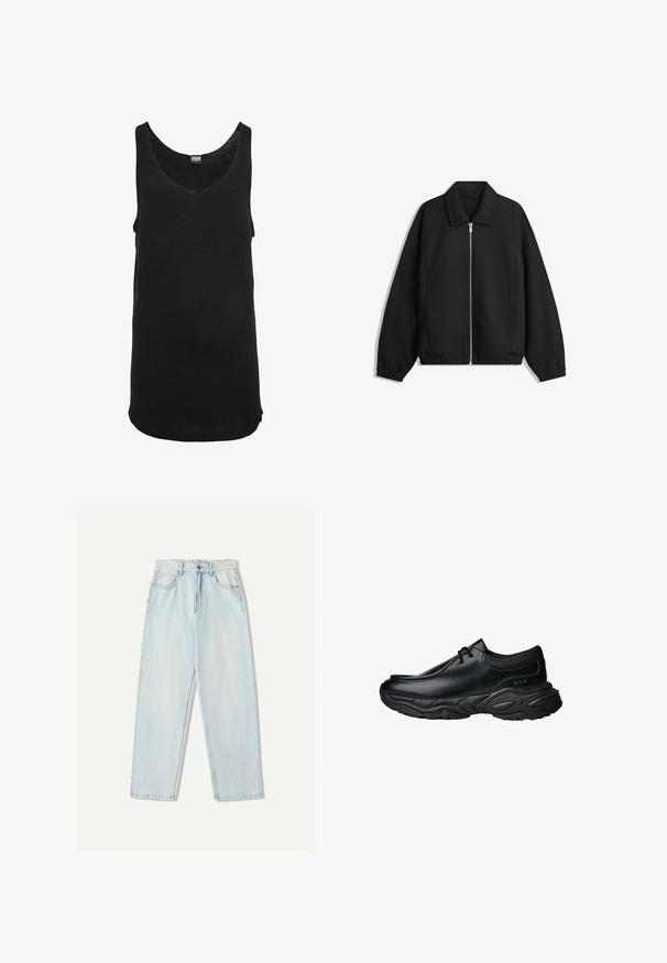 Crna jakna izrađena od teksturirane tkanine, s punim prednjim zatvaračem, ovratnikom i elastičnim manžetama, opuštenog kroja i bočnim džepovima.; Crna majica bez rukava napravljena od laganog materijala, s okruglim izrezom. Ima ravni rub i minimalne detalje šivanja.; Svijetloplave traperice s opuštenim krojem, ravnim nogavicama, pet džepova i suptilnim izbljeđivanjem na tkanini.; Crne kožne cipele za klizanje s okruglim nosom i debelim teksturiranim gumennim đonom. Sadrže suptilnu obrubu i elastične akcenti na ovratniku.