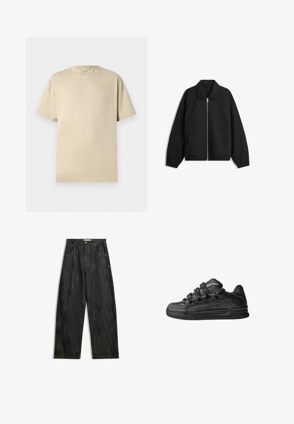 Černá bunda vyrobená z texturované látky, s plným předním zipem, límcem a elastickými manžetami, s volným střihem a bočními kapsami.; Beige bavlněné tričko s kulatým výstřihem, krátkými rukávy a volným střihem. Hladká textura bez viditelných vzorů nebo akcentů.; Tmavé džíny s volným střihem, s jemnou vertikální texturou, žlutým prošíváním, pěti kapsami a klasickým zapínáním na knoflík.; Černé tenisky s hladkým koženým svrškem, texturovanými akcenty a kulatými černobílými tkaničkami. Silná gumová podrážka s vzorovaným dezénem.