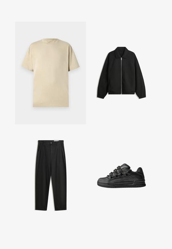 Jachetă neagră dintr-un material texturat, cu fermoar frontal complet, guler și manșete elastice, având o croială lejeră și buzunare laterale.; Tricou din bumbac bej, cu guler rotund, mâneci scurte și croială lejeră. Textură netedă, fără modele sau accente vizibile.; Pantaloni negri din bumbac cu croială lejeră, având un brâu clasic, plii frontale și buzunare laterale. Textură netedă fără modele.; Adidași negri cu o parte superioară din piele netedă, accente texturate și șireturi rotunde negre și albe. Talpă groasă din cauciuc cu un profil texturat.