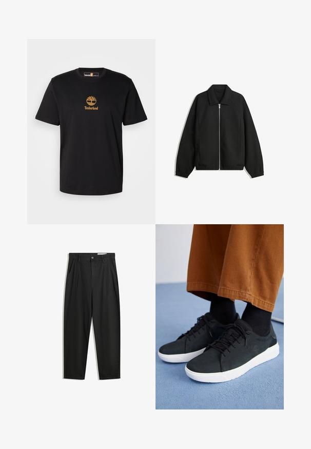 Musta takki, joka on valmistettu teksturoidusta kankaasta ja jossa on koko etuvetoketju, kaulus ja joustavat hihansuut. Takissa on rento istuvuus ja sivutaskut.; Musta puuvillainen t-paita, jossa on kultainen puulogo ja "Timberland"-teksti. Pyöreä pääntie ja lyhyet hihat, sileä rakenne.; Mustat puuvillahousut rentoa mallia, joissa on klassinen vyötärö, etukangastukset ja sivutaskut. Sileä pinta ilman kuvioita.; Musta mokkanahkakengät valkoisilla kumipohjilla, joissa on nauhakiinnitys, teksturoituja yksityiskohtia ja huomaamatonta brändäystä, yhdistettynä ruskeisiin housuihin.