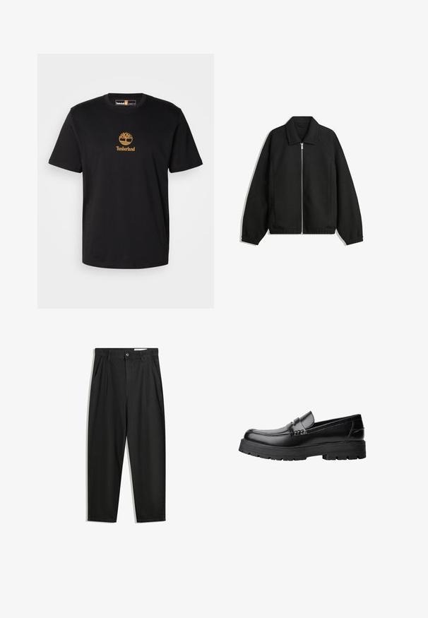 Svart jacka i strukturerad tyg, med full dragkedja framtill, krage och elastiska muddar, med en avslappnad passform och sidofickor.; Svart bomullströja med en guldträd-logotyp och texten "Timberland". Rund hals och korta ärmar, med en mjuk textur.; Svarta bomullsshorts med avslappnad passform, med en klassisk midja, framveck och sidfickor. Slät textur utan mönster.; Svart läderloafer med kraftig mönstrad sula och dekorativ rem över framtill, visad i vänster sidoprofil på vit bakgrund.