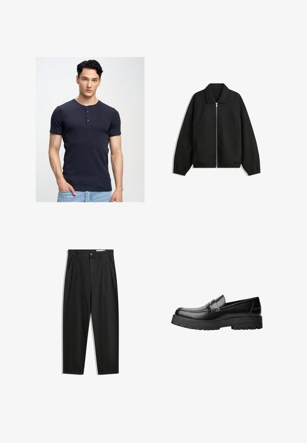 Černá bunda vyrobená z texturované látky, s plným předním zipem, límcem a elastickými manžetami, s volným střihem a bočními kapsami.; Námořnická modrá tričko s krátkým rukávem a kulatým výstřihem, s pětitlačítkovou légou; přiléhavý střih; měkká, hladká textura; nošeno s světle modrými džíny.; Černé bavlněné kalhoty s uvolněným střihem, klasickým pasem, předními záhyby a bočními kapsami. Hladká textura bez vzorů.; Černé kožené mokasíny s masivní podrážkou a dekoračním páskem přes horní část, zobrazené v levém bočním profilu na bílém pozadí.