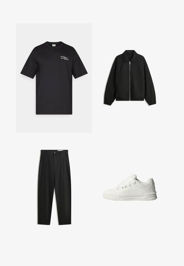 Black jacket made of textured fabric, featuring a full front zip, collar, and elastic cuffs with a relaxed fit and side pockets.; Black cotton t-shirt with a round crew neck, short sleeves, and white printed text on the left chest area. Smooth texture, simple design.; Black cotton trousers with a relaxed fit, featuring a classic waistband, front pleats, and side pockets. Smooth texture without patterns.; White sneakers with a smooth leather exterior, cushioned tongue, flat laces, and textured accents on the sides and heel.