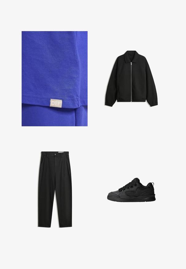 Giacca nera in tessuto texturizzato, con zip frontale a tutta lunghezza, colletto e polsini elasticizzati, dalla vestibilità rilassata e con tasche laterali.; Maglietta in cotone blu con texture liscia, maniche corte e un'etichetta di stoffa rettangolare con il testo "DEF" vicino all'orlo.; Pantaloni in cotone neri con una vestibilità rilassata, dotati di una vita classica, pieghe frontali e tasche laterali. Tessuto liscio senza fantasie.; Sneakers neri con una tomaia testurizzata, dotati di lacci, accenti in mesh per la traspirabilità, colletto imbottito e suola robusta.