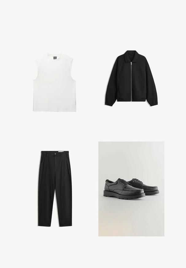 Giacca nera in tessuto texturizzato, con zip frontale a tutta lunghezza, colletto e polsini elasticizzati, dalla vestibilità rilassata e con tasche laterali.; Top bianco senza maniche con scollo rotondo, realizzato in morbido tessuto di cotone. Presenta una linea dritta e bordi puliti, senza motivi o dettagli.; Pantaloni in cotone neri con una vestibilità rilassata, dotati di una vita classica, pieghe frontali e tasche laterali. Tessuto liscio senza fantasie.; Scarpe in pelle nera con tomaia texturizzata, punta tonda, design con lacci e suole spesse in gomma con un motivo di battistrada.