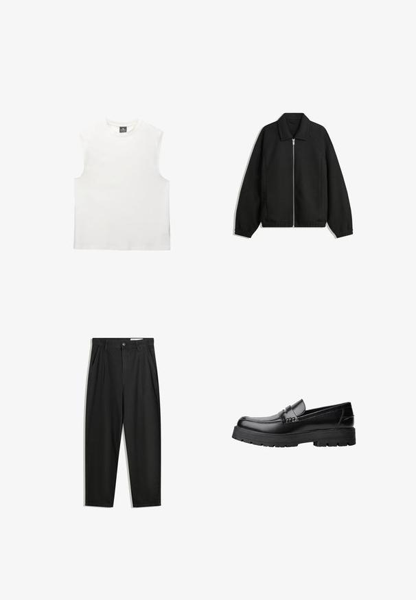 Crna jakna izrađena od teksturirane tkanine, s punim prednjim zatvaračem, ovratnikom i elastičnim manžetama, opuštenog kroja i bočnim džepovima.; Bijela bezrukavna majica s okruglim izrezom, izrađena od mekanog pamučnog materijala. Ima ravni kroj i čiste rubove, bez uzoraka ili akcenata.; Crne pamučne hlače s opuštenim krojem, s klasičnim pojasom, prednjim nabranjima i bočnim džepovima. Glatka tekstura bez uzoraka.; Crna kožna mokasina s debelim potplatima i dekorativnom trakom preko gornjeg dijela, prikazana u lijevom bočnom profilu na bijeloj pozadini.