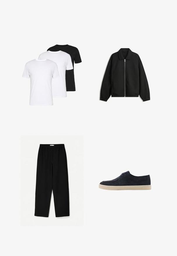 Giacca nera in tessuto texturizzato, con zip frontale a tutta lunghezza, colletto e polsini elasticizzati, dalla vestibilità rilassata e con tasche laterali.; Pacchetto di tre t-shirt: una nera e due bianche. Ognuna ha un colletto rotondo, maniche corte ed è realizzata in morbido cotone.; Pantaloni neri a gamba larga realizzati in un tessuto leggero. Presentano una vita elasticizzata e una texture liscia. Senza motivi visibili o accessori.; Scarpa in suede blu navy con punta rotonda, due fori per i lacci e suola in gomma crema. Texture liscia e design minimalista.