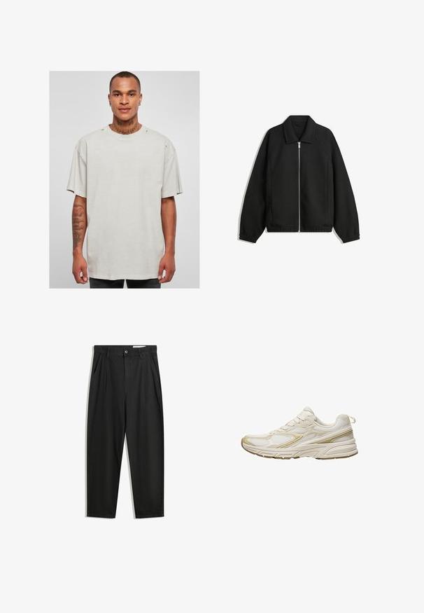 Musta takki, joka on valmistettu teksturoidusta kankaasta ja jossa on koko etuvetoketju, kaulus ja joustavat hihansuut. Takissa on rento istuvuus ja sivutaskut.; Vaaleanharmaa ylipitkä t-paita pyöreällä kauluksella ja huolimattomilla reunoilla. Siinä on kulutettu yksityiskohtia olkapäillä ja lyhyissä hihoissa.; Mustat puuvillahousut rentoa mallia, joissa on klassinen vyötärö, etukangastukset ja sivutaskut. Sileä pinta ilman kuvioita.; Valkoiset urheilukengät, jotka on valmistettu verkkokankaasta ja synteettisestä materiaalista. Kengissä on pyöristetty kärki, pehmustettu pohja ja beige korostus sivuilla.