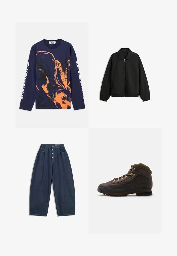 Zwarte jas van textuurstof, met een volledige rits aan de voorkant, een kraag, elastische manchetten, een ontspannen pasvorm en zijzakken.; Marineblauw T-shirt met lange mouwen van katoen, voorzien van een abstract ontwerp in oranje en zwart. De tekst op de mouw luidt "VOLG DE KONIJN."; Donkerblauwe denim brede broek met een hoge taille, vijfknopen sluiting en vijf zakken. Heeft stiksels op de naden.; Bruine leren wandelschoen met groene stoffen rand. Voorzien van metalen vetershaken, rubberen zool en een gestructureerd profiel voor grip.